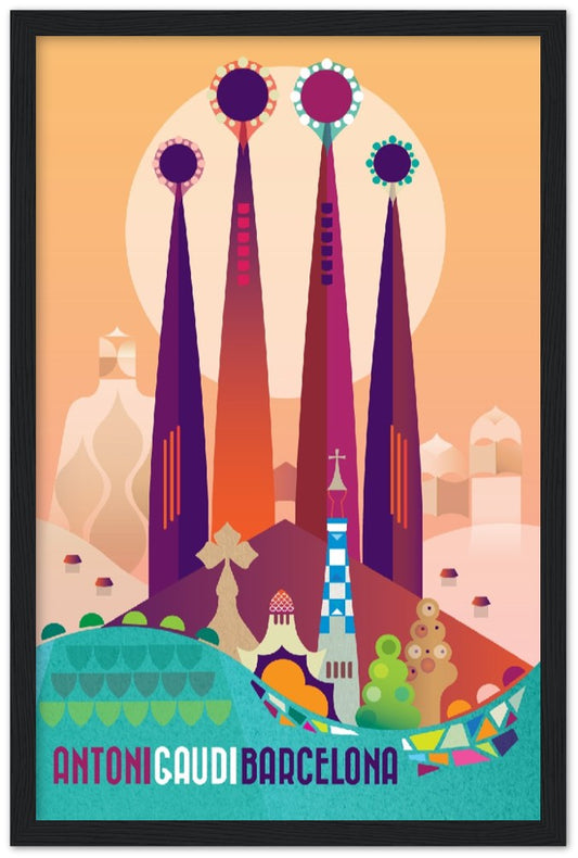 Barcelona Antoni Gaudi Premium-Poster aus mattem Papier mit Holzrahmen