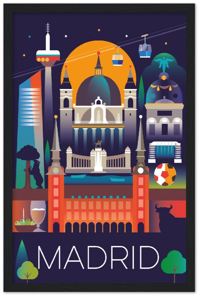 Affiche encadrée en bois en papier mat de qualité supérieure Madrid