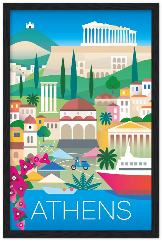 Athen Premium-Poster aus mattem Papier mit Holzrahmen