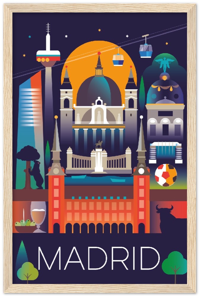 Affiche encadrée en bois en papier mat de qualité supérieure Madrid