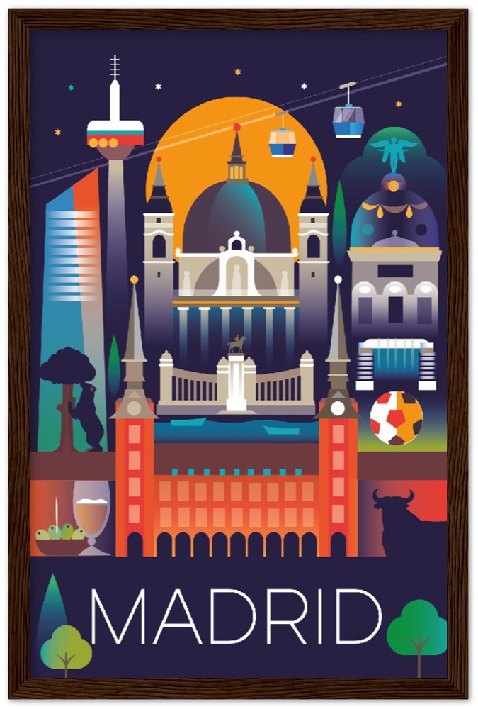 Affiche encadrée en bois en papier mat de qualité supérieure Madrid