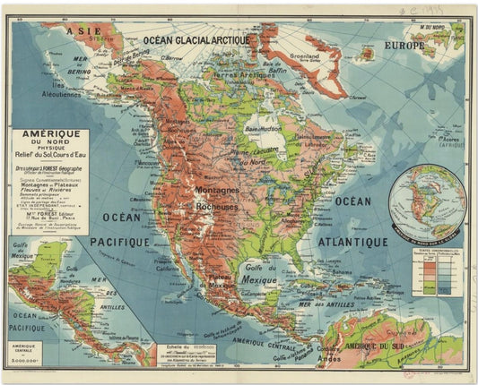 FRANZÖSISCHE SCHULKARTE – AMERIQUE DU NORD PHYSIQUE