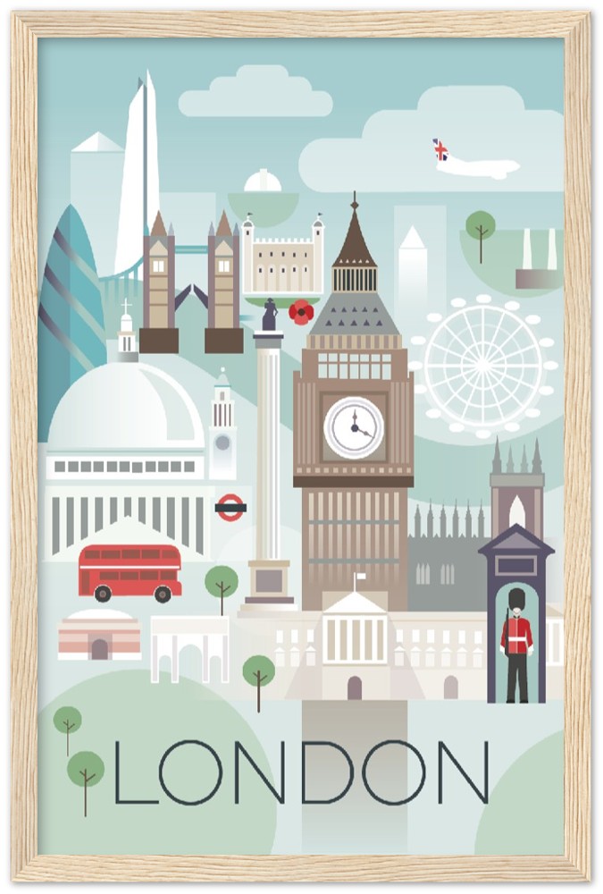 London Premium-Poster aus mattem Papier mit Holzrahmen