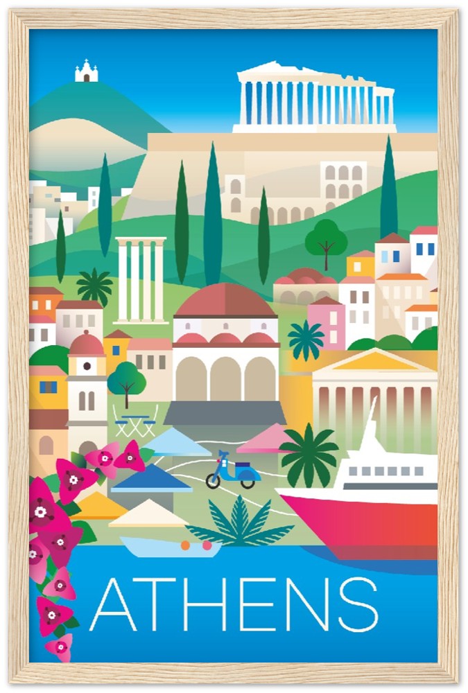 Athen Premium-Poster aus mattem Papier mit Holzrahmen