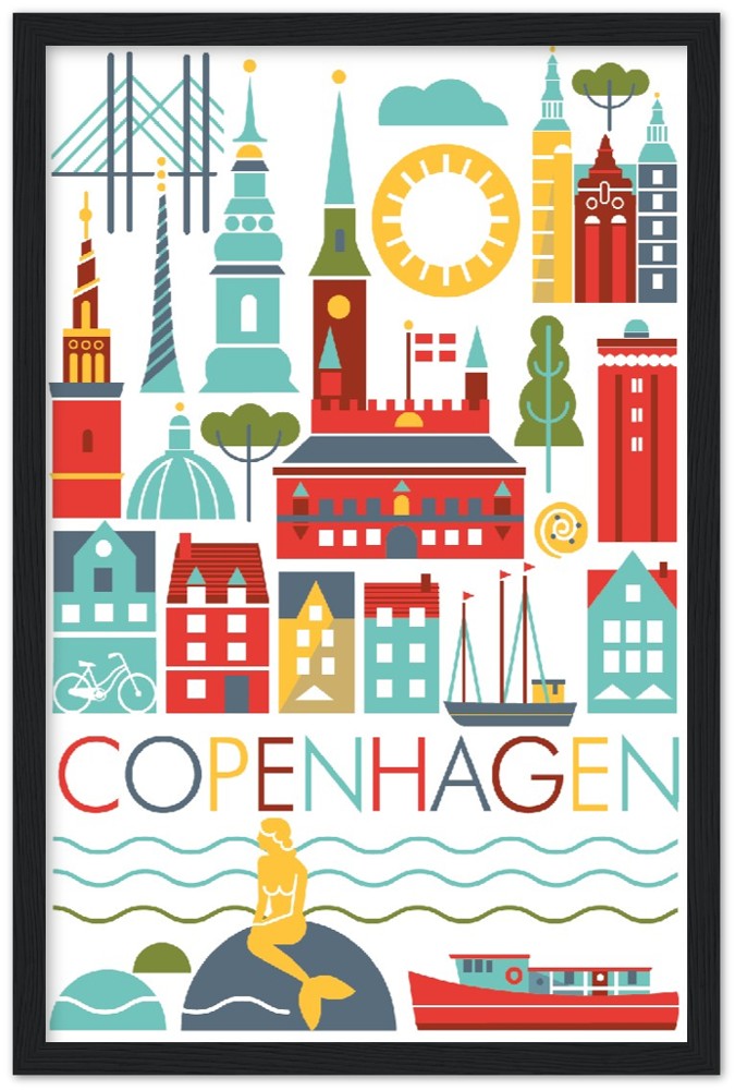 Kopenhagener Scandi-Premium-Poster aus mattem Papier mit Holzrahmen
