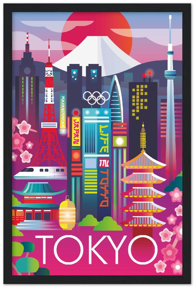 Hochwertiges Poster aus mattem Papier „Tokio“ mit Holzrahmen