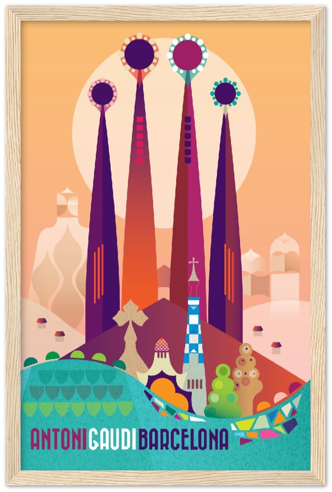 Barcelona Antoni Gaudi Premium-Poster aus mattem Papier mit Holzrahmen
