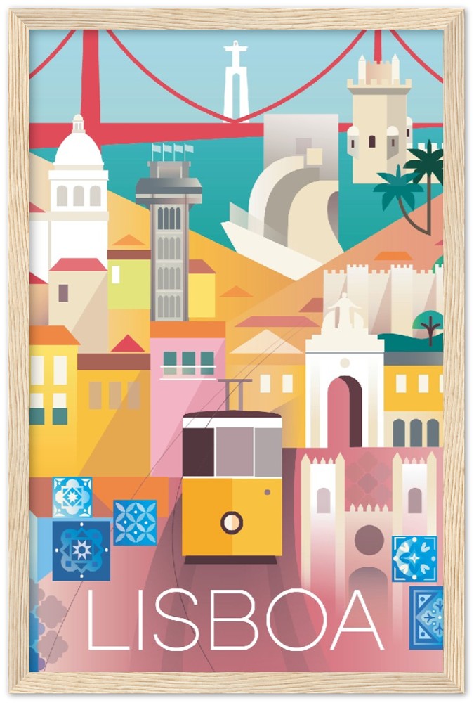 Lissabon Premium-Poster aus mattem Papier mit Holzrahmen