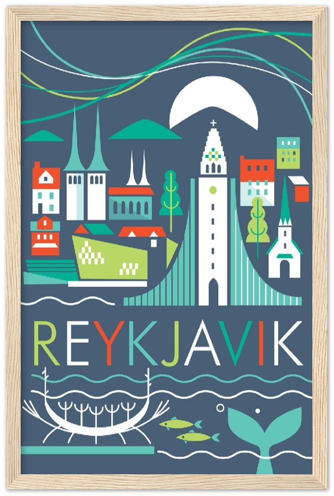 Reykjavik Premium-Poster aus mattem Papier mit Holzrahmen