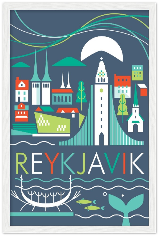 Reykjavik Premium-Poster aus mattem Papier mit Holzrahmen