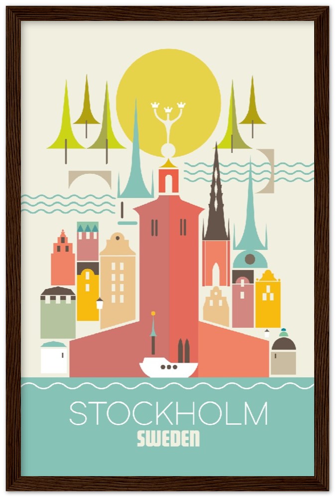 Affiche encadrée en bois en papier mat de qualité supérieure Stockholm