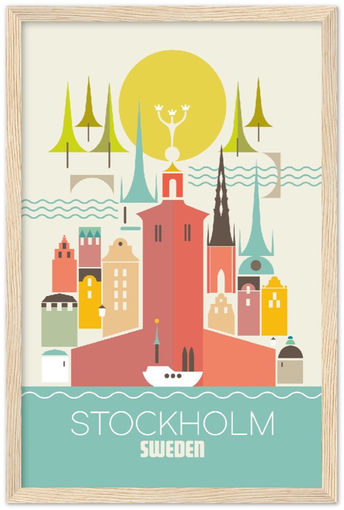 Affiche encadrée en bois en papier mat de qualité supérieure Stockholm