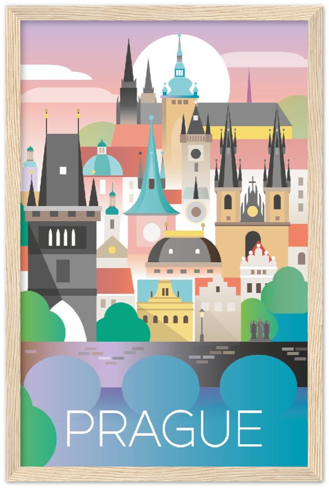 Affiche encadrée en bois en papier mat premium de Prague