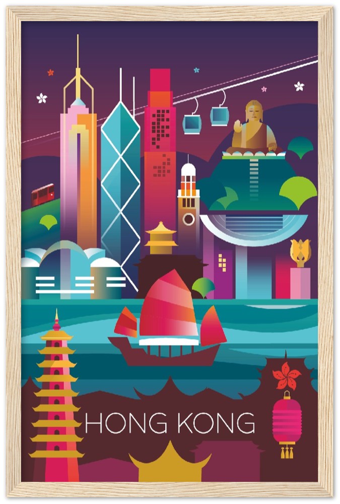 Affiche encadrée en bois de papier mat premium de Hong Kong